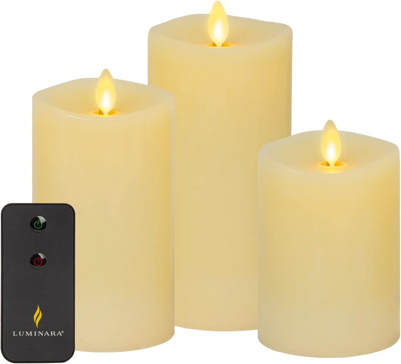 LUMINARA Realistic Flameless LED Set of 3 Ivory Pillar Candles, Home Safe Moving Flame Melted Top Illumination, Battery Operated Remote Control w/Timer - Image 1